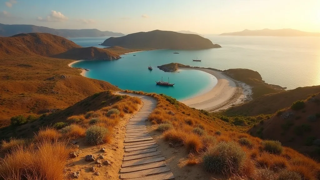 Sunrise view from the Padar Island viewpoint over three bays with phinisi boats anchored, Komodo National Park